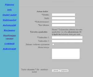 Screenshot from an old website with a menu and a form in Finnish