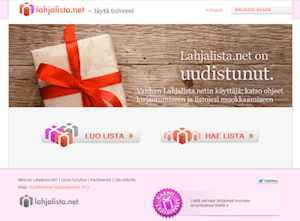 Screenshot from Lahjalista.net front page